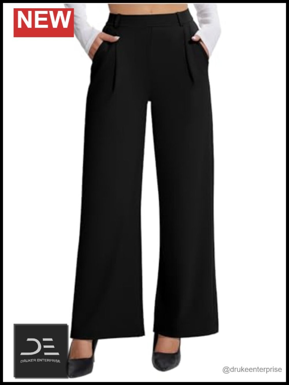 Wide Leg Dress Pants Pull On Stretchy Work Pants with Pockets
